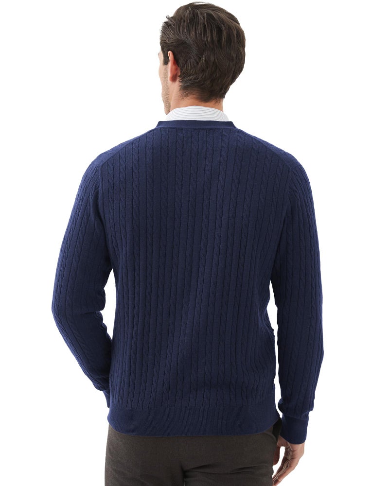 Kallspin Men's Cardigan Sweater Wool Blend Cable Knit V Neck Buttons Cardigan with Pockets(Navy Blue, Large) - Image 3